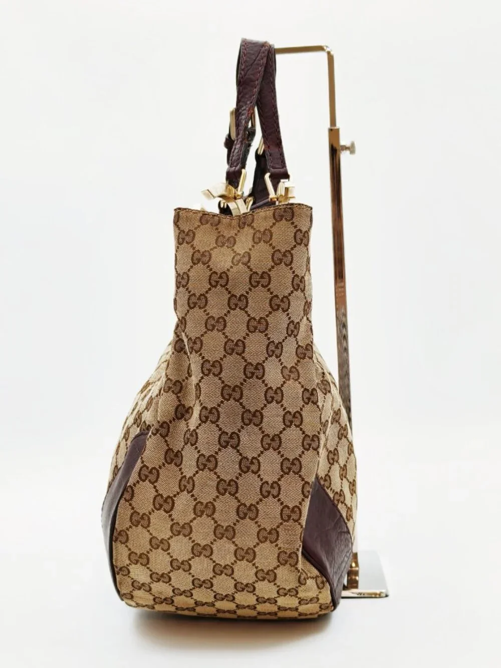 Gucci GG Canvas Horsebit Hobo Shoulder Bag Beige Brown Monogram Leather Large